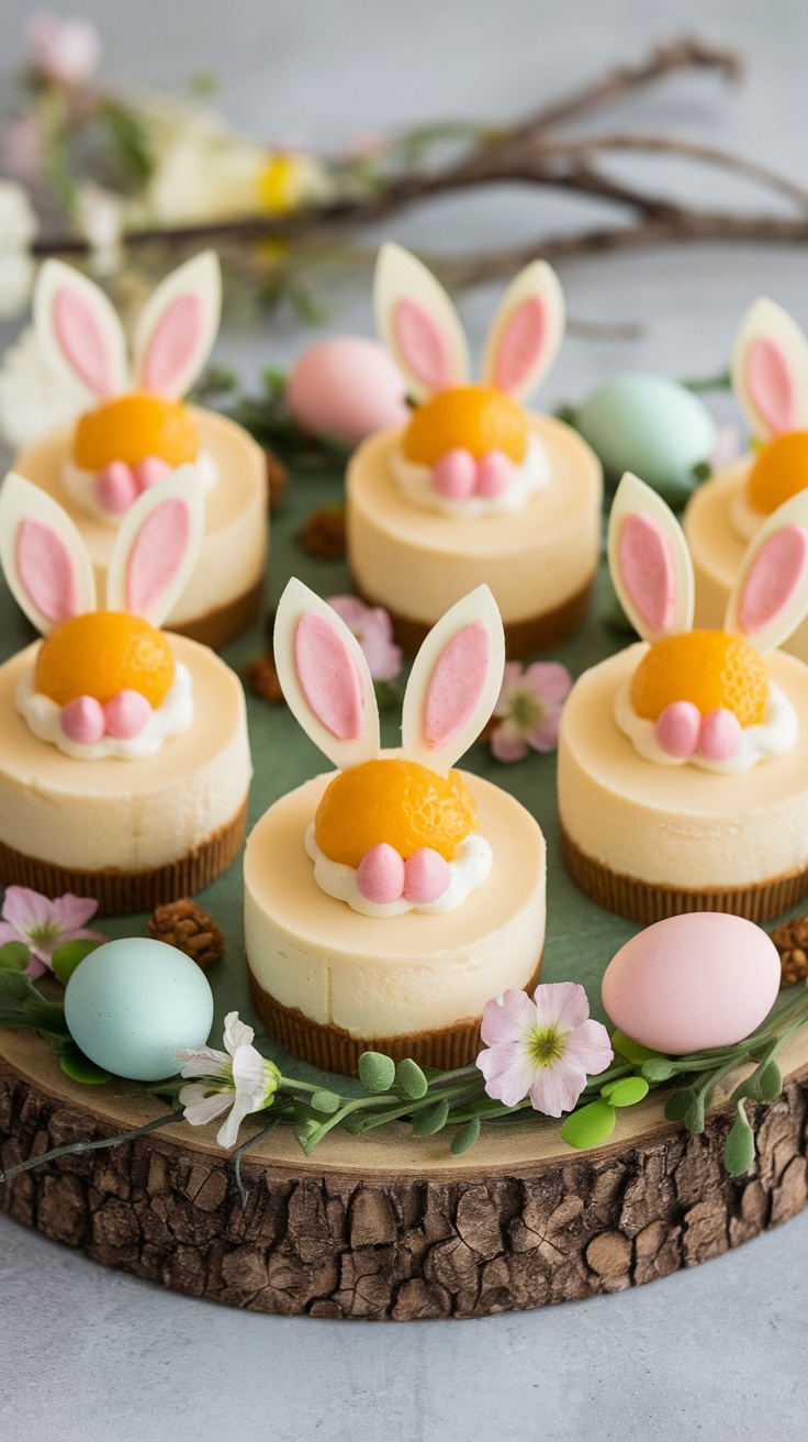 Mini Bunny Cheesecakes decorated with whipped cream, peach slices, and pink candy.