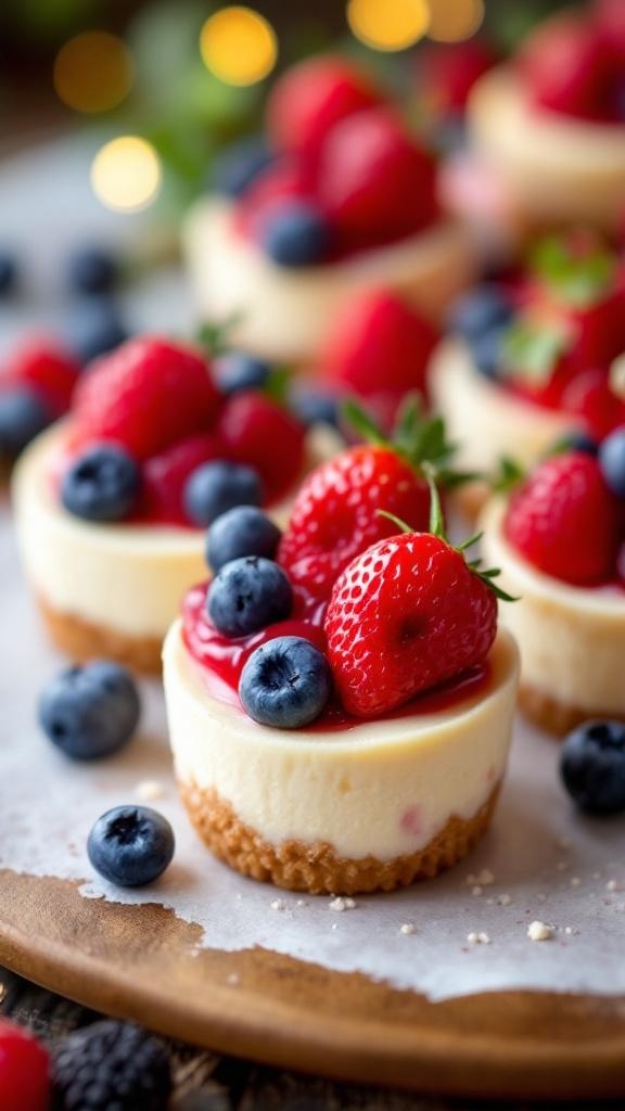 Mini cheesecake bites topped with fresh berries on a wooden platter.