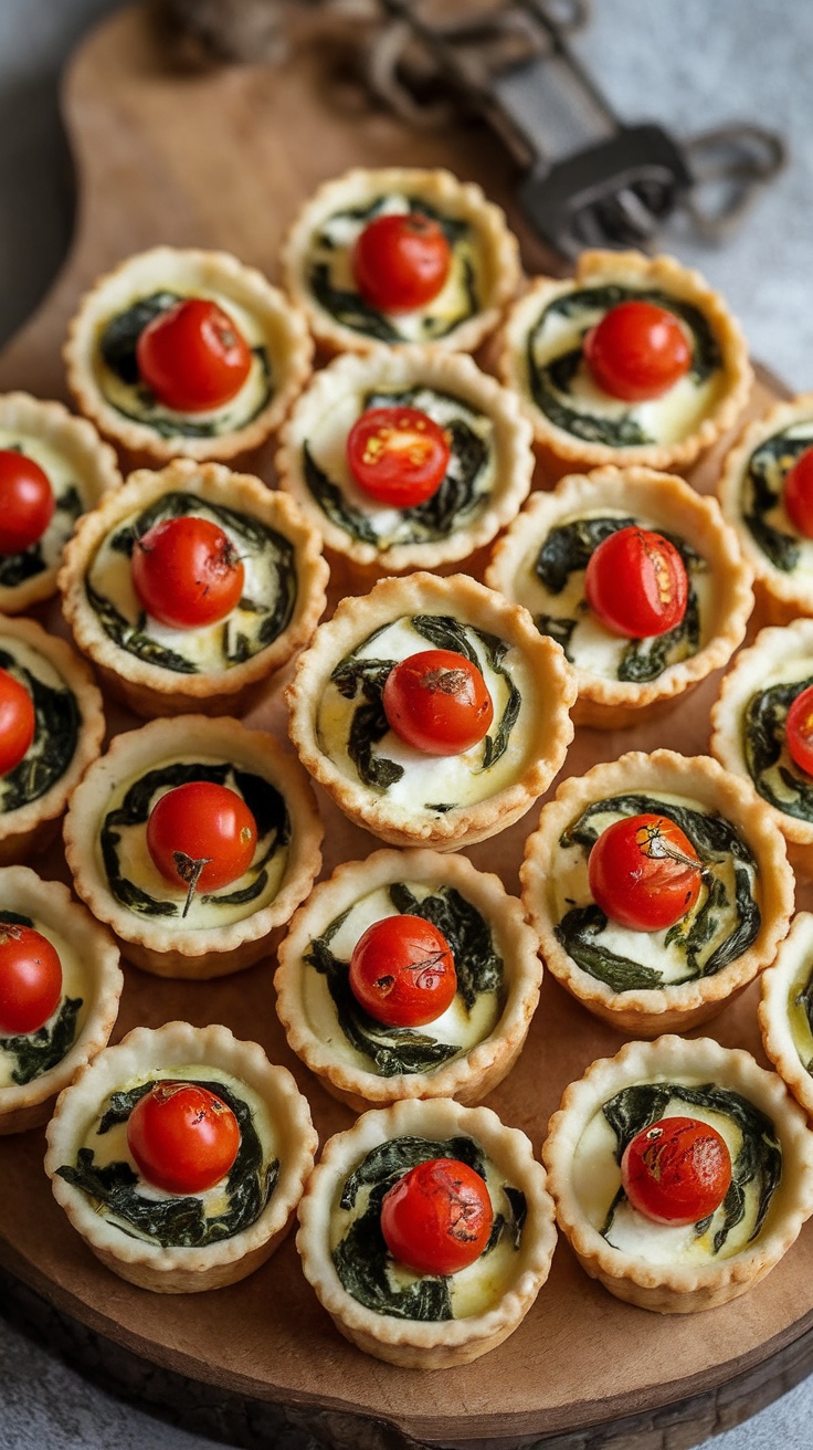 Mini quiche cups filled with spinach and feta, topped with cherry tomatoes.