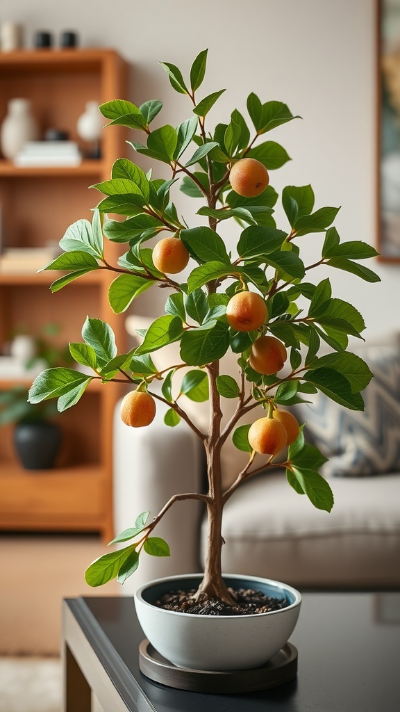 A miniature fig tree in a pot with ripe figs, placed on a table in a cozy living room