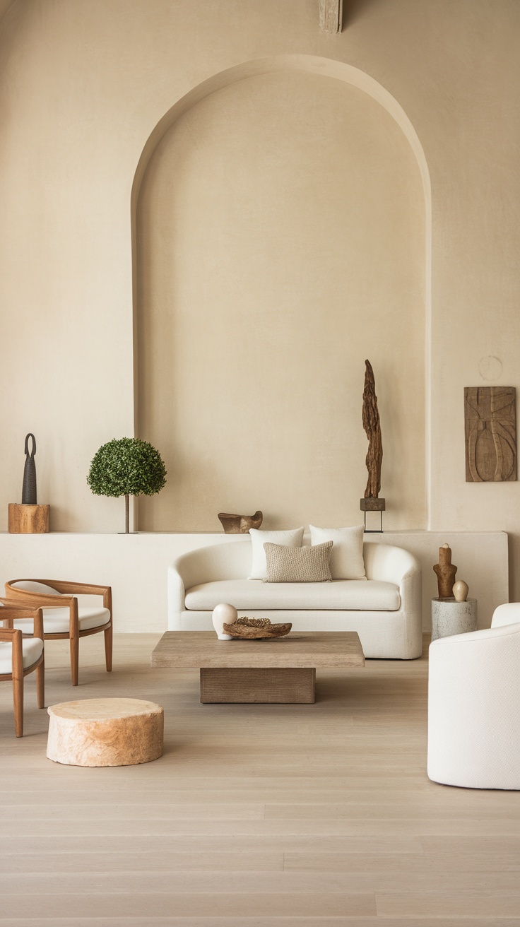 A minimalist living room featuring a white sofa, natural wood accents, and simple decor elements.