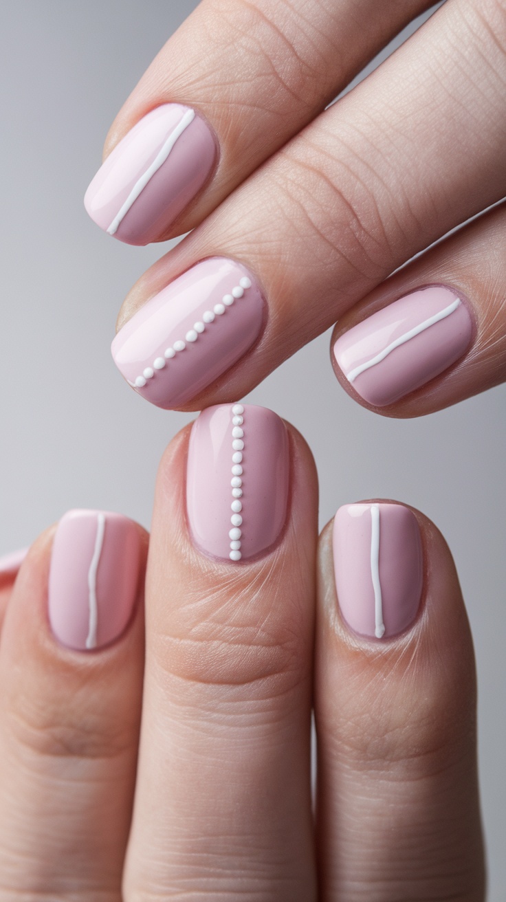 A close-up of minimalist nail art featuring pale pink nails with white stripes.