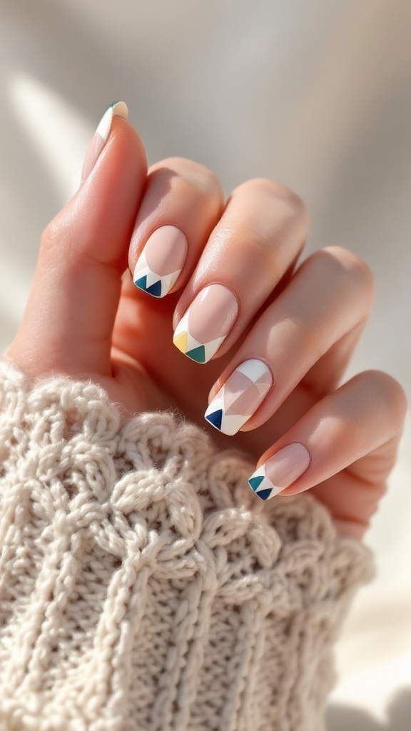 A hand with minimalistic geometric nail designs, featuring white nails with black lines and a cozy blue sweater.