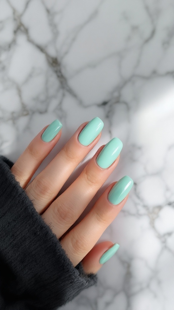A set of mint green nail designs displayed on a clear stand with a soft focus background.