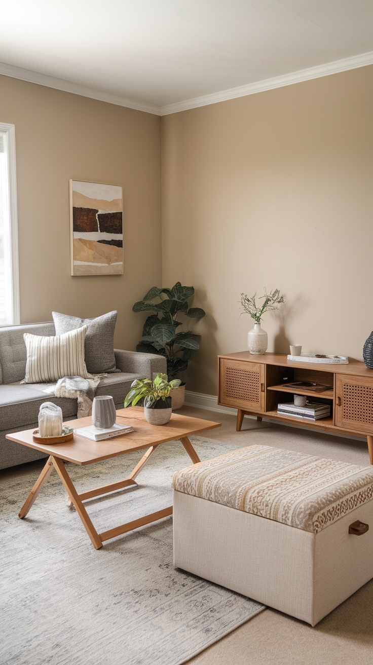 A cozy living room with a storage ottoman and an adjustable side table, showcasing multi-functional furniture.