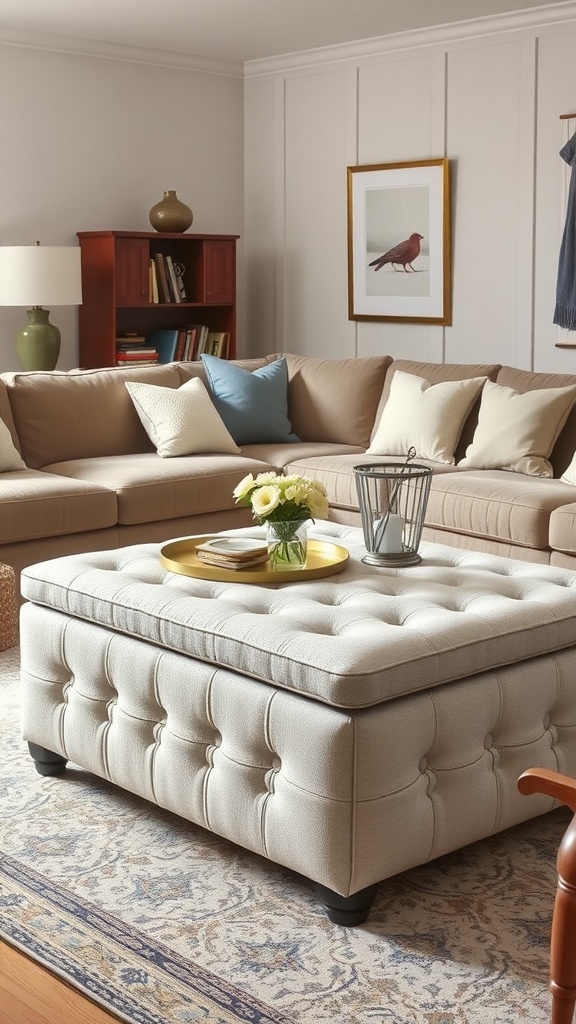 Cozy living room featuring a multi-functional tufted ottoman coffee table surrounded by a sectional sofa and decorative elements.