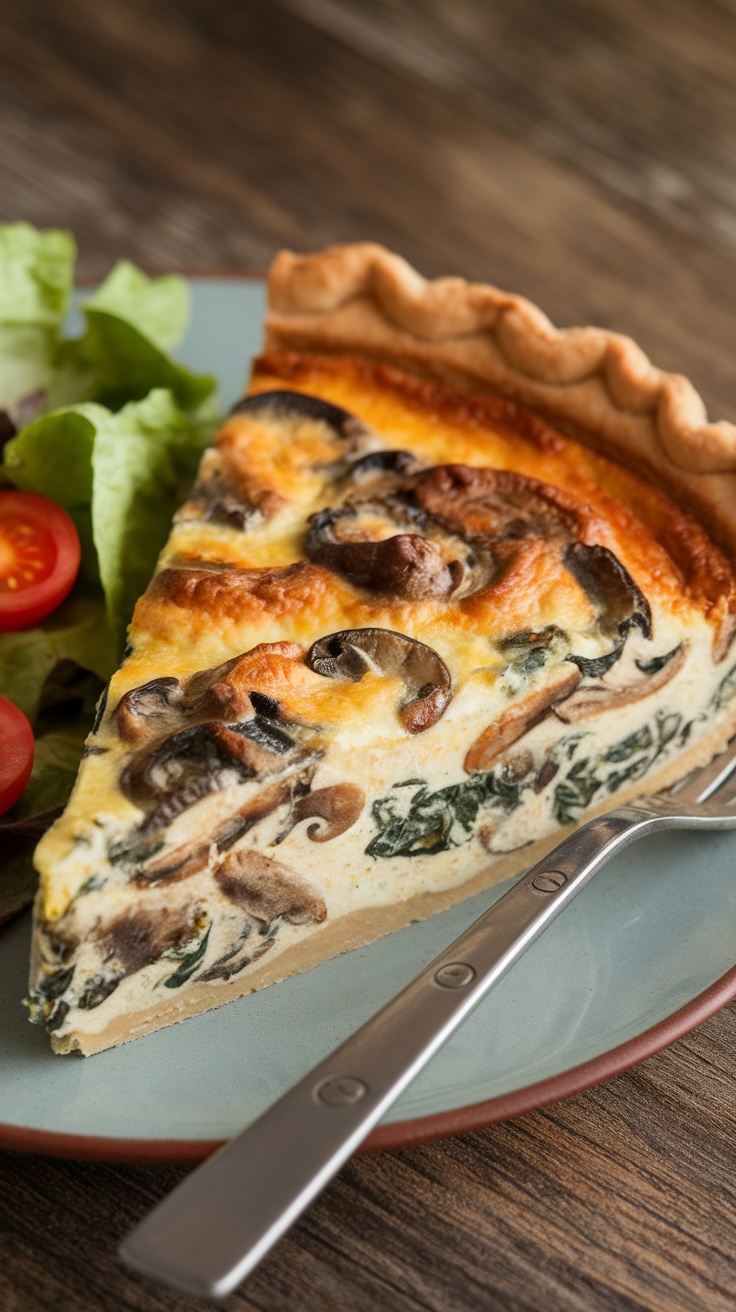 A slice of Mushroom and Spinach Quiche served with a side salad.