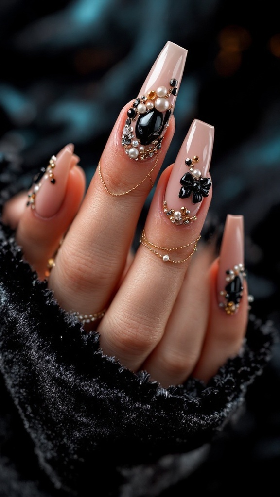 Colorful summer nails with 3D charms including starfish, a tropical drink, and more.