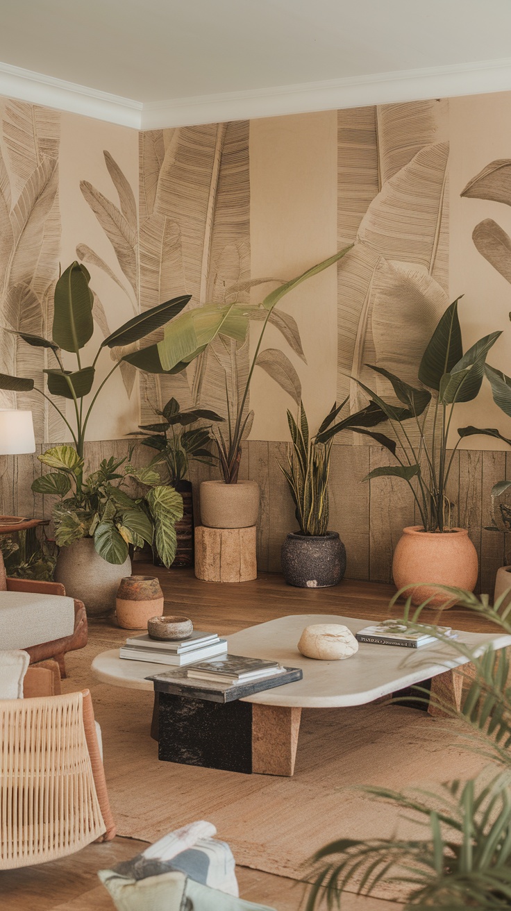 A cozy living room with plants and natural decor, featuring earthy tones and botanical art.