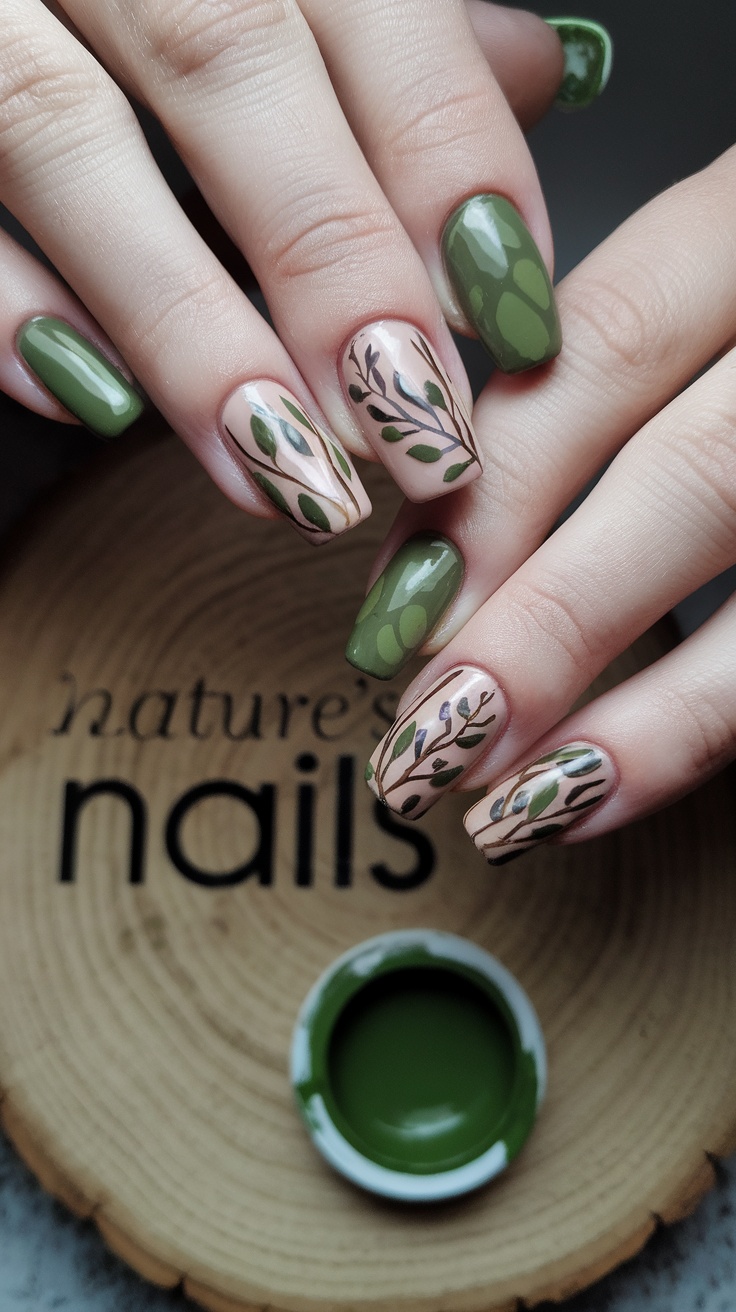 Nature-inspired nail art featuring delicate leaves and branches on a beige background.