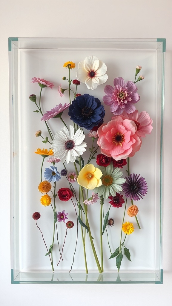 A beautiful arrangement of pressed flowers in a frame, showcasing various colors and types.