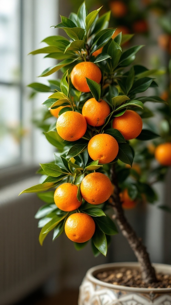 A Navel Orange tree in a pot with ripe oranges and green leaves.