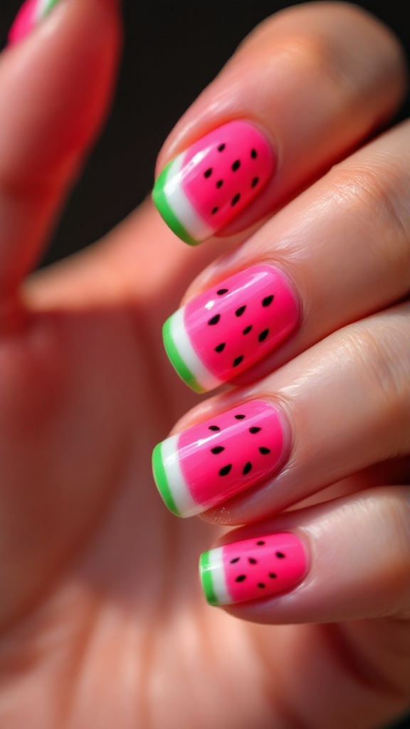 Nails designed like watermelon slices with pink and green colors.