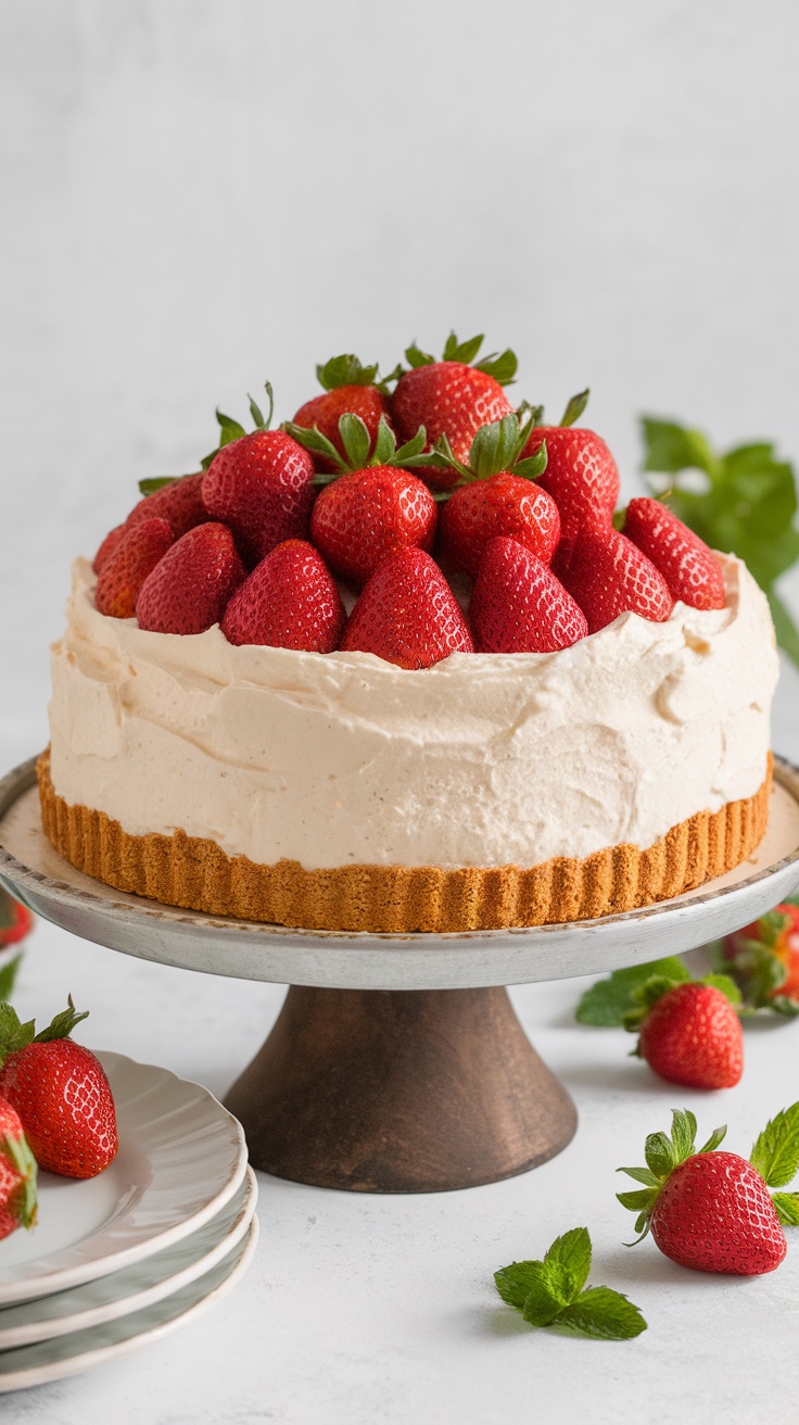 A delicious no-bake strawberry cream pie topped with fresh strawberries on a serving stand.
