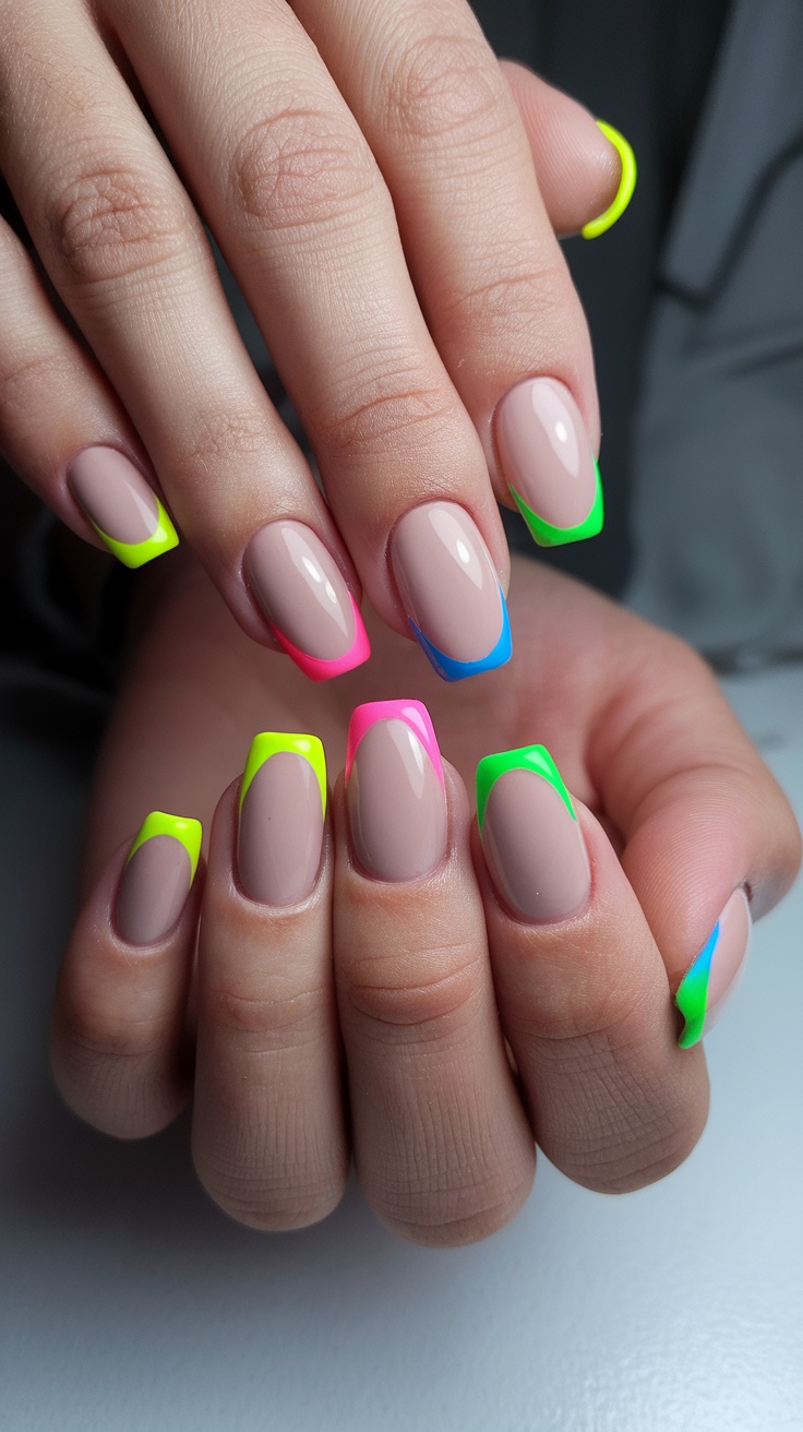 Hands showing nails with nude base and colorful neon tips in pink, green, and blue.