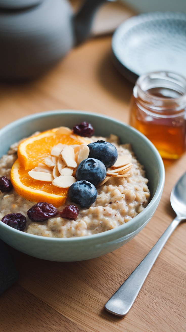 A delicious bowl of oatmeal topped with almonds, dried fruits, and fresh berries.