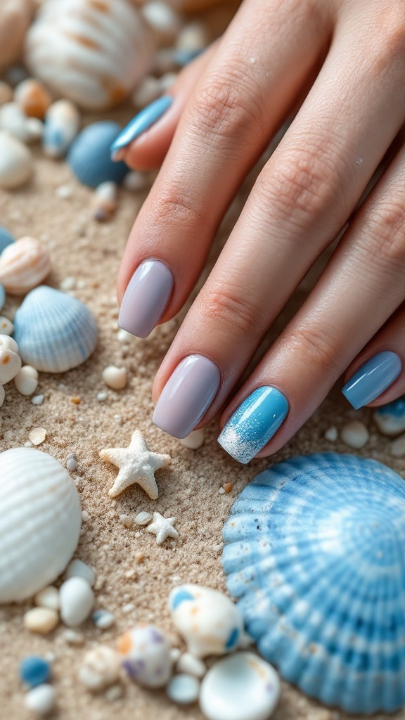 A close-up of hands with ocean-inspired blue nail polish shades, featuring a mix of light and dark blues.