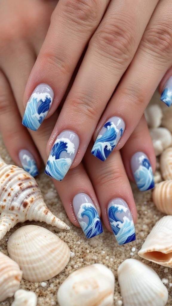 Nails painted with ocean wave swirls design on a sandy beach