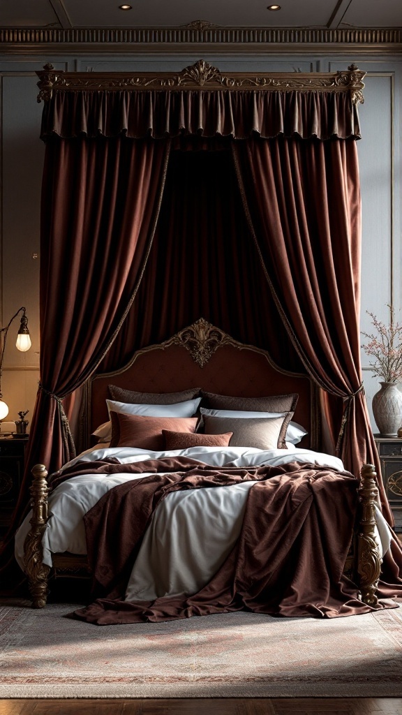 Luxurious canopy bed with rich brown drapery and plush bedding in an opulent bedroom setting.