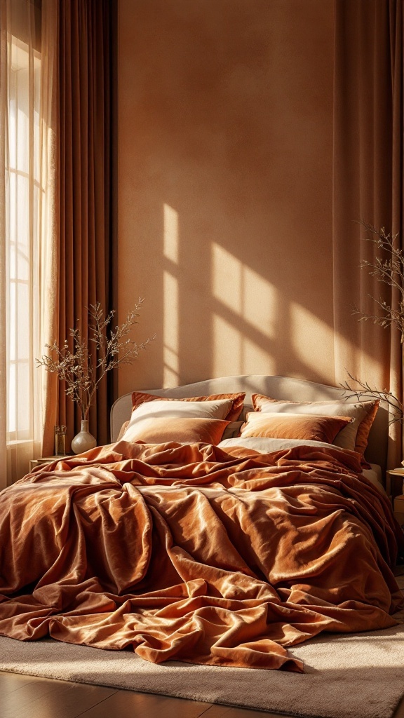 A cozy luxury bedroom featuring warm-toned textured fabrics on the bed and curtains, creating a serene atmosphere.