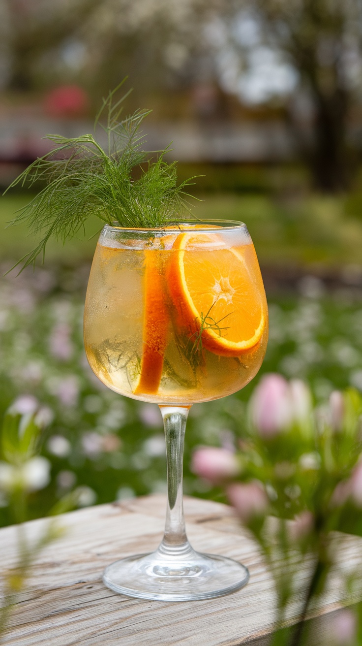 Refreshing Orange Fennel Spritz cocktail with orange slices and fennel fronds
