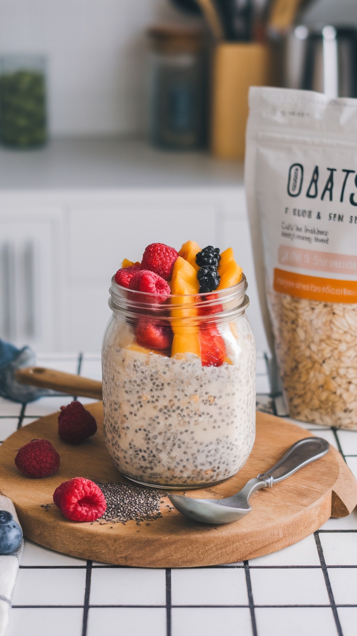 A jar of overnight oats with chia seeds topped with fresh fruits.