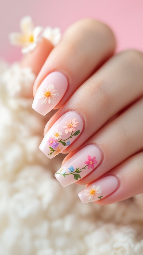 Nails decorated with pastel floral designs surrounded by colorful flower accents.