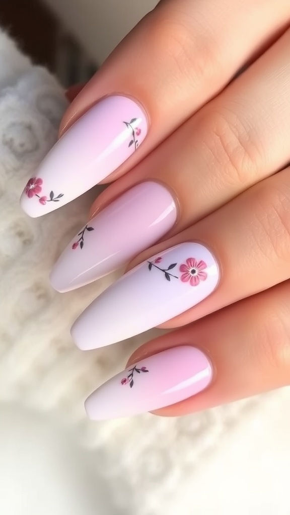 Pastel ombre nail art with floral accents on lavender nails
