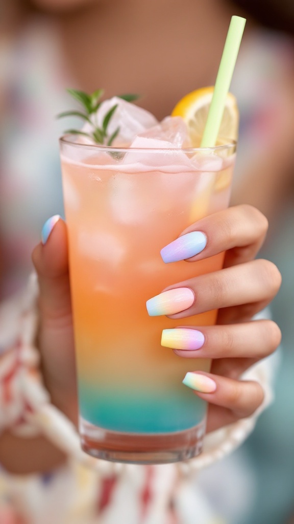 Hand holding a blue and green drink with pastel ombre nails.