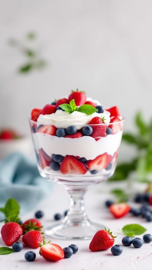 A colorful Patriotic Berry Trifle with layers of strawberries and blueberries topped with whipped cream.