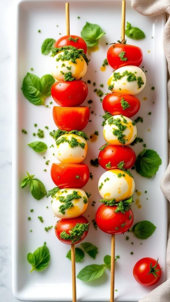Patriotic Caprese Skewers with Pesto on a white platter