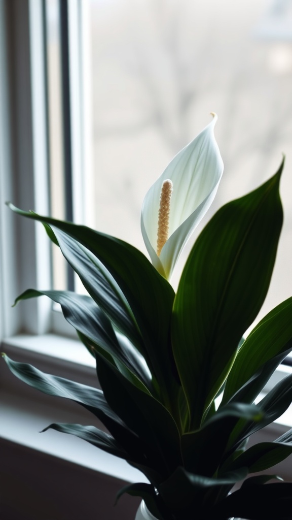 A peace lily plant with a white flower, sitting by a window with sunlight streaming in.