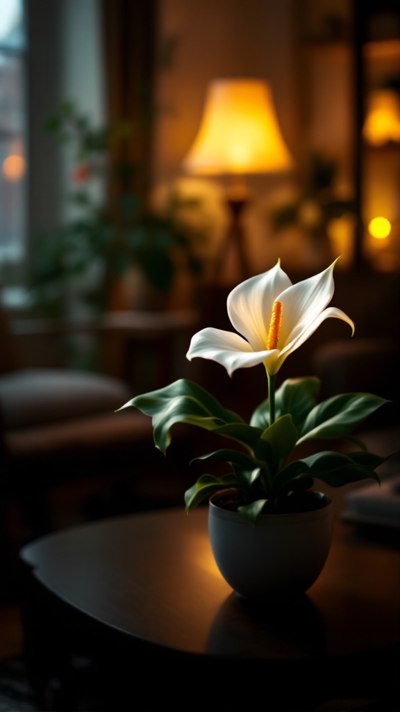 A peace lily in a pot on a wooden table, with a warm lamp glow in the background.