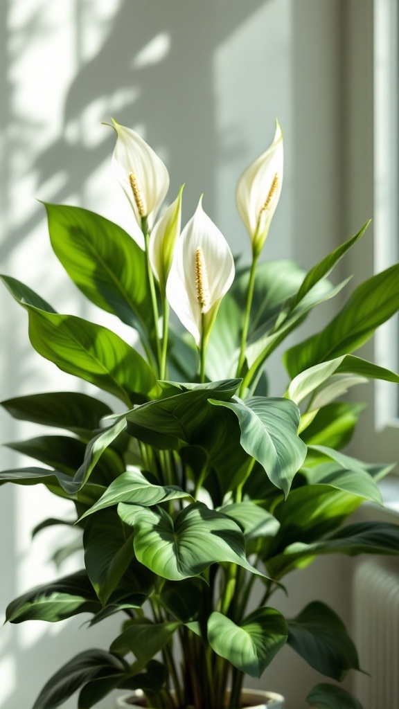 A Peace Lily plant with white flowers and lush green leaves, placed in a bright indoor setting.