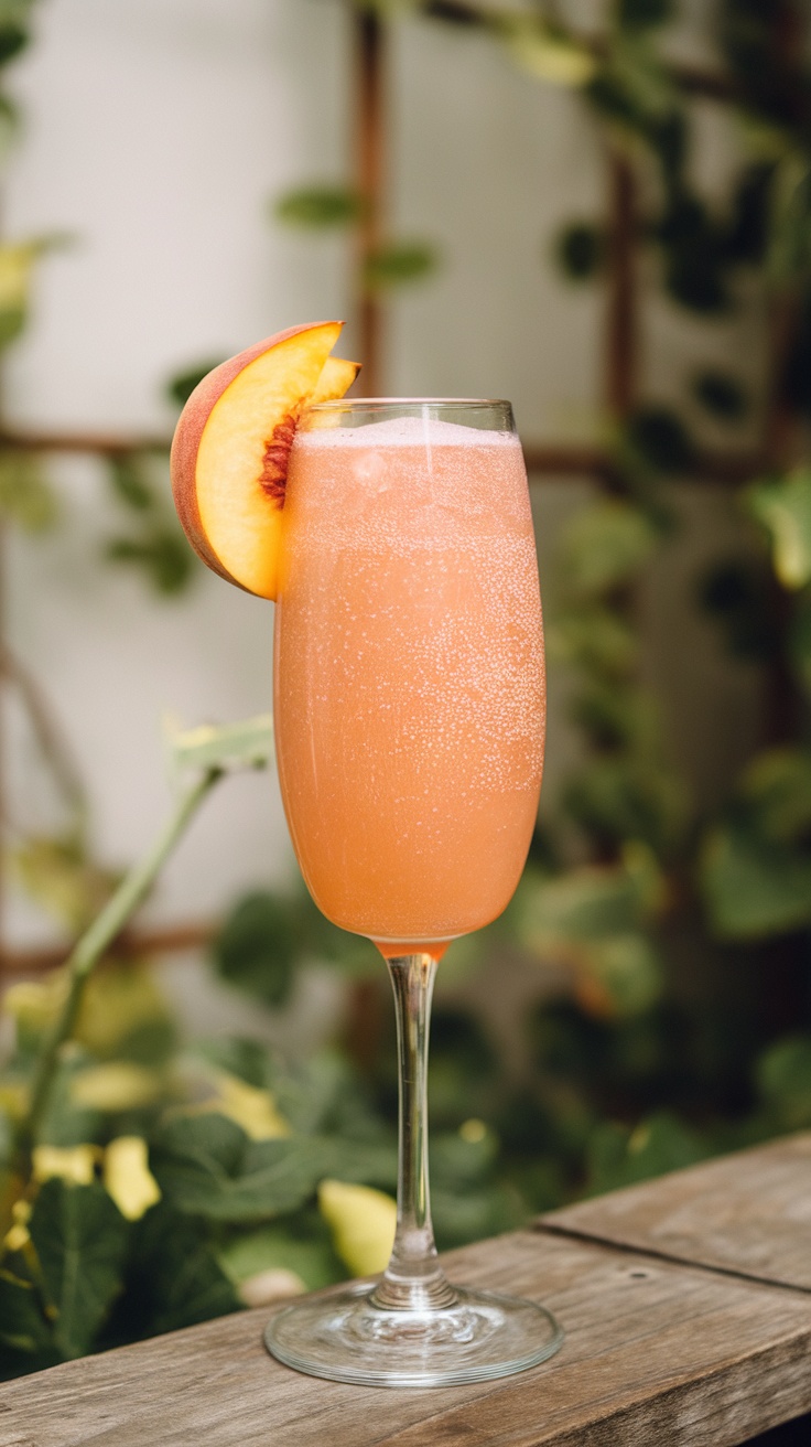 A refreshing Peach Bellini cocktail served in a tall glass, garnished with a peach slice.