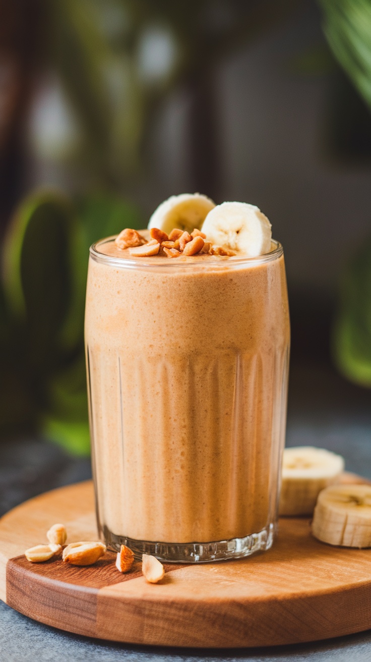 A refreshing peanut butter banana smoothie in a glass, topped with banana slices and peanuts.