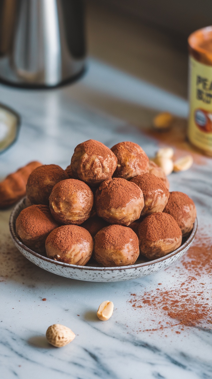 A plate of peanut butter protein balls dusted with cocoa powder, surrounded by peanuts.