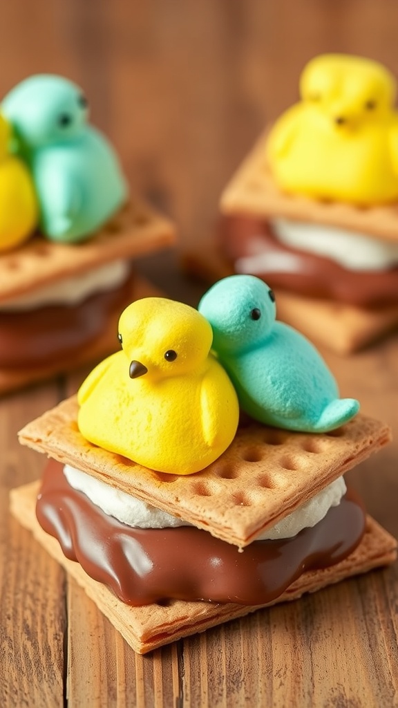 A colorful and fun Peep s'more with marshmallow Peeps, chocolate, and graham crackers.