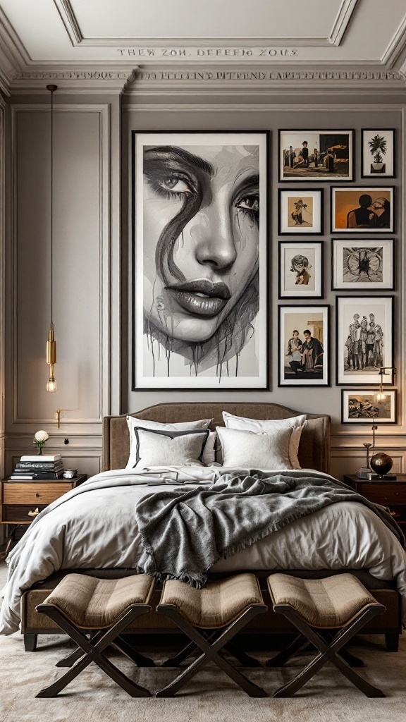 A luxury bedroom featuring personalized art collections, including a large portrait and framed artwork on the walls.