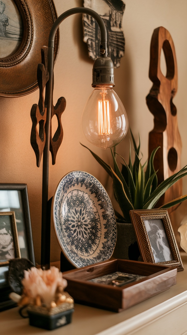 A cozy and personalized bedroom decor featuring framed art, plants, and organized storage.