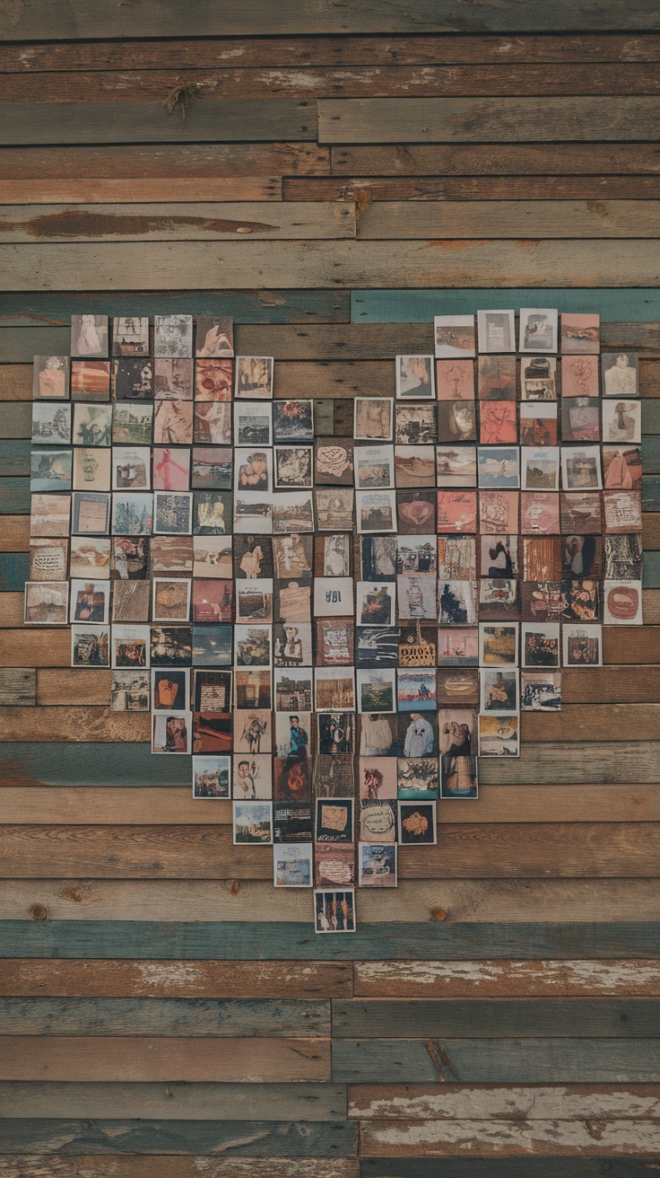 A collection of photos pinned to a wooden wall, with a plant in the foreground.