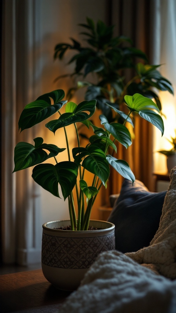 A lively philodendron plant with large green leaves in a cozy living room setting