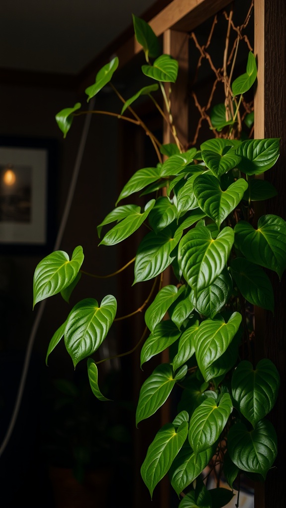 A lush green Philodendron plant with heart-shaped leaves climbing a trellis, thriving in low light conditions.