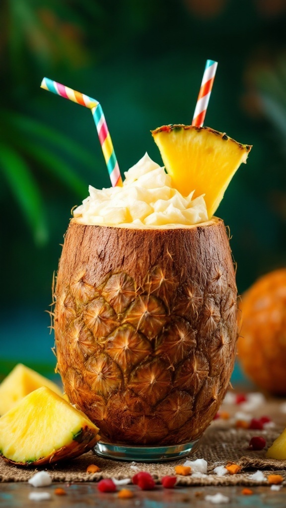 A refreshing Pineapple Coconut Daiquiri in a coconut shell with a slice of pineapple.