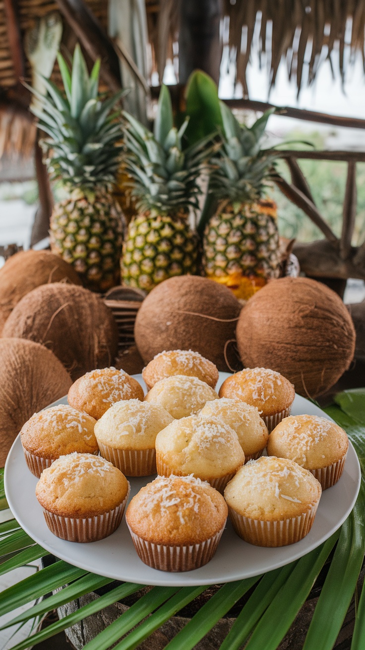 Pineapple coconut muffins on a plate surrounded by tropical decor