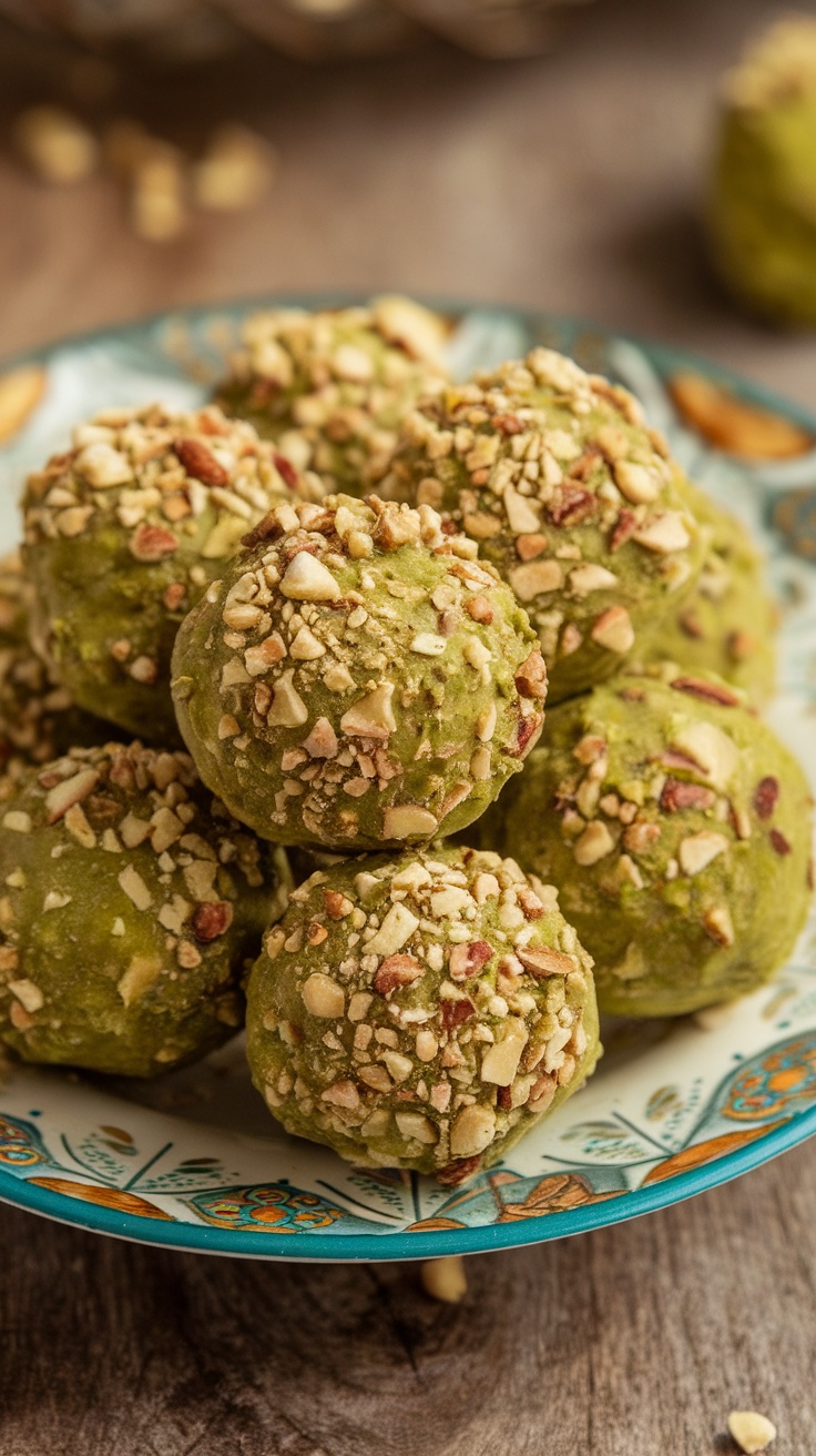 A plate of green and nut-covered truffles.