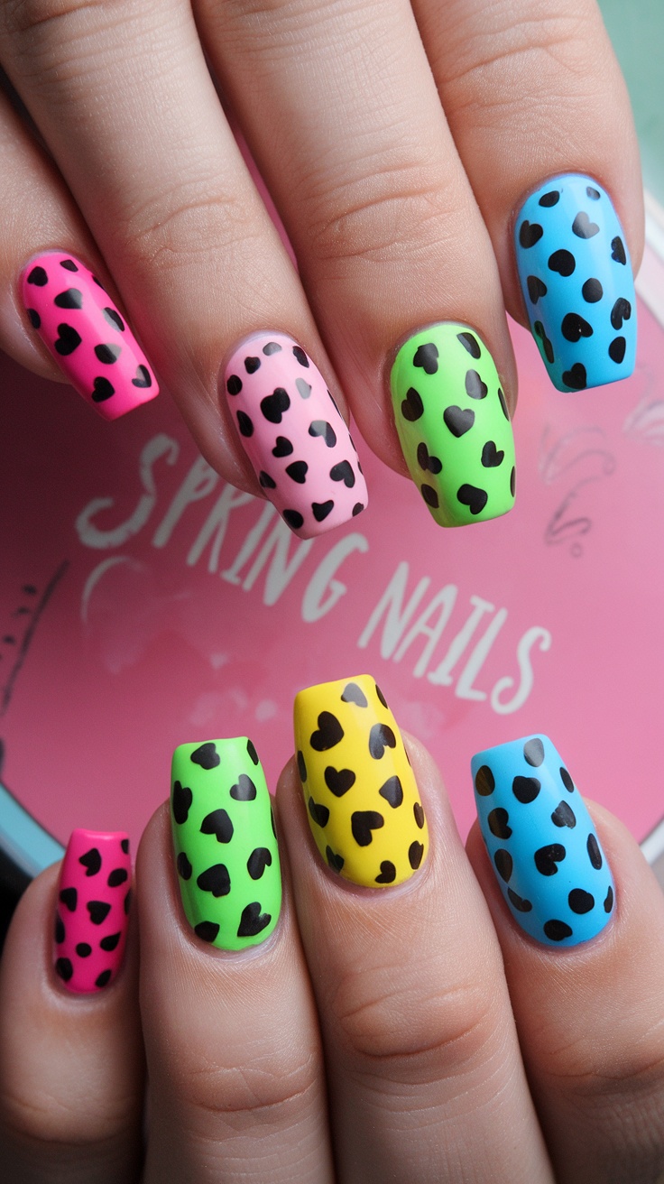 Colorful nails featuring playful heart patterns in pink, green, yellow, and blue.