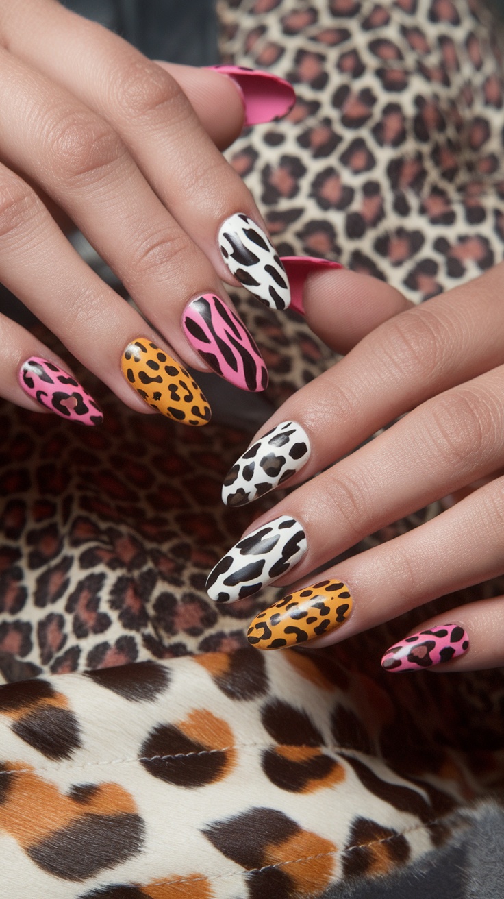 Nails featuring playful animal prints including leopard spots and zebra stripes.