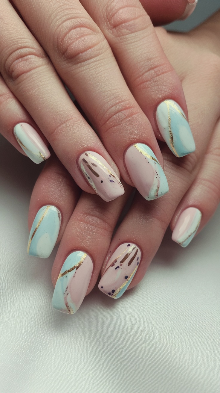 Nails featuring a polished marble effect with pastel colors and gold accents.
