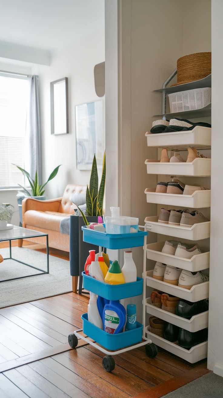 A brightly colored rolling cart with cleaning supplies next to a vertical shoe organizer filled with various shoes in a small living area.